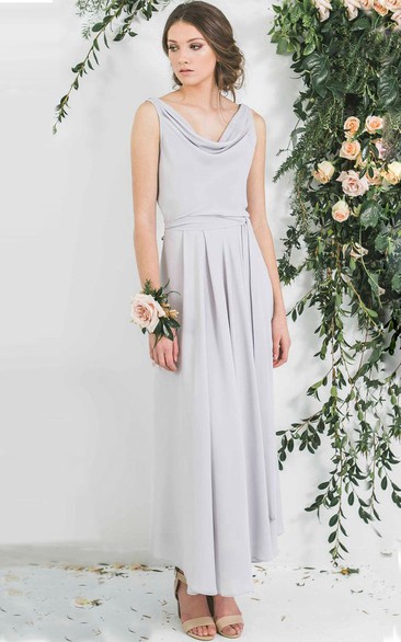 Ankle-Length Cowl Neck Sleeveless Chiffon Bridesmaid Dress