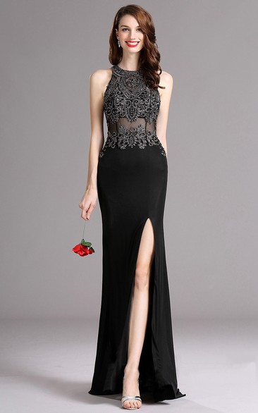 Sheath Floor-Length Sweep High-Neck Sleeveless Jersey Split Front Illusion Dress