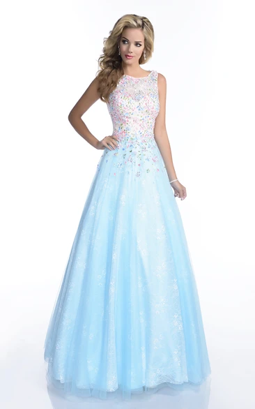 A-Line Sleeveless Bateau Neck Lace Prom Dress Featuring Keyhole Back And Jewels