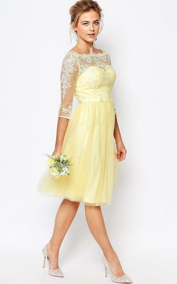 Knee-Length A-Line 3-4 Sleeve Appliqued High Neck Tulle Bridesmaid Dress