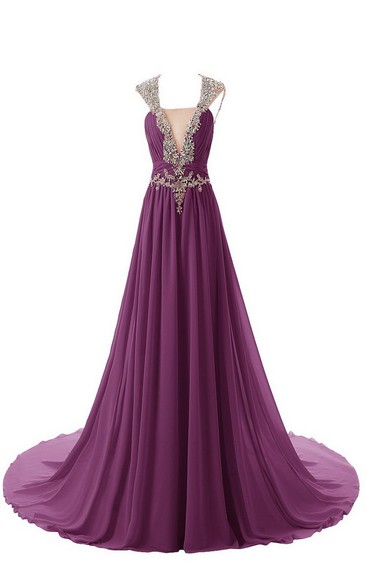 V-neck Sweep Train Chiffon Dress With Beaidngs