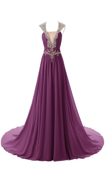 V-neck Sweep Train Chiffon Dress With Beaidngs