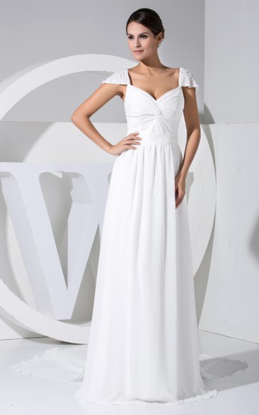 Queen Anne Chiffon Floor-Length Dress With Ruching and Beading