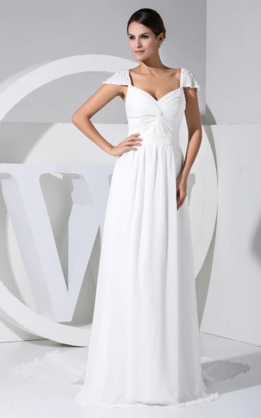 Queen Anne Chiffon Floor-Length Dress With Ruching and Beading