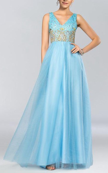 Shiny V-Neck Beading Backless A-Line Long Prom Dress
