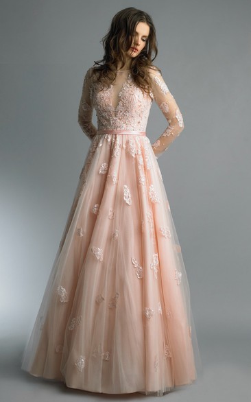 A-line Floor-length High Neck Long Sleeve Tulle Zipper Dress