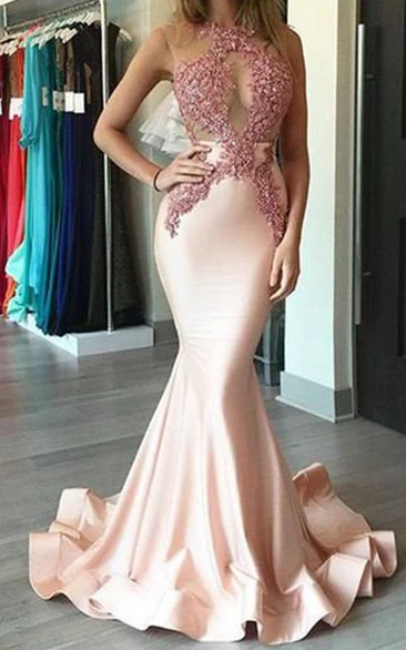 Mermaid Trumpet Satin Lace High Neck Sleeveless Illusion Dress