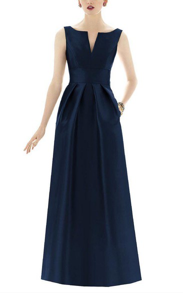 Notch Neck Satin Long Dress with Pleats