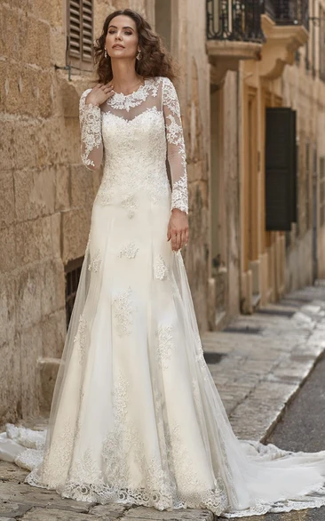 A-Line Appliqued Scoop-Neck Floor-Length Long-Sleeve Lace Wedding Dress