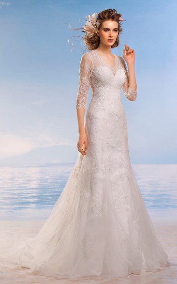 A-Line Floor-Length V-Neck 3-4-Sleeve Keyhole Lace Dress With Appliques