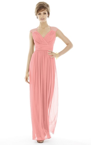 Floor-Length V-Neck Chiffon Gown with Criss Cross Ruching and Waistband