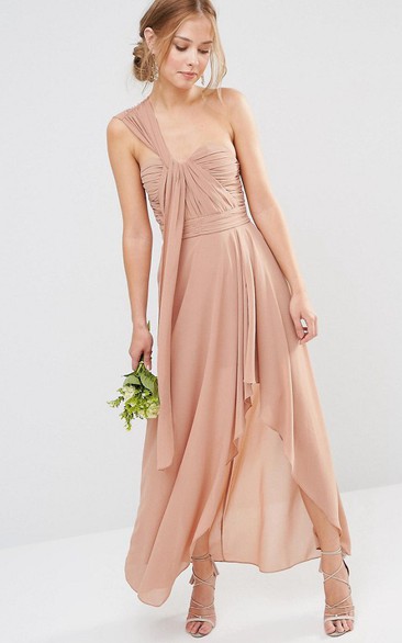 High-Low Sleeveless One-Shoulder Ruched Chiffon Bridesmaid Dress