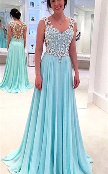 Newest Lace Appliques Chiffon Prom Dress A-line Straps