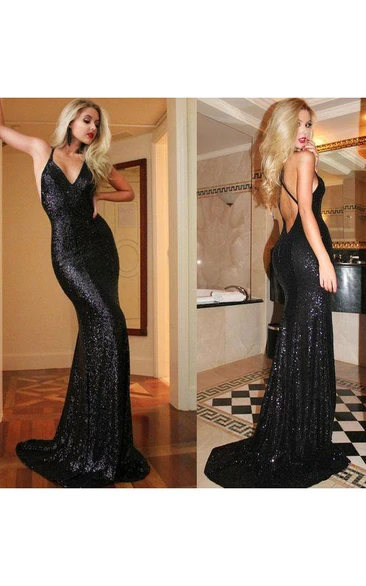 Mermaid Trumpet Sequins Spaghetti Sleeveless Open Back Straps Dress