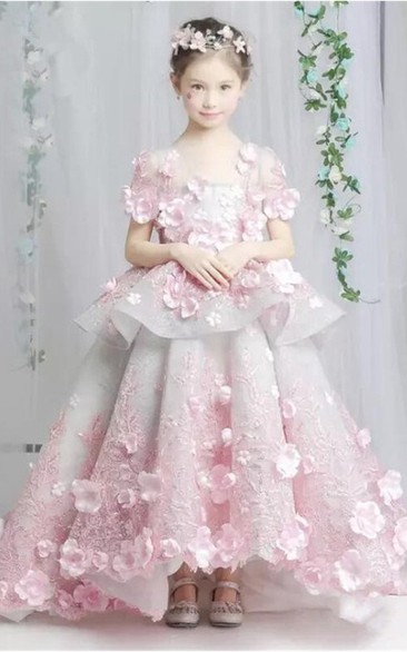 Floral Scoop-Neck Short Sleeve Tier Ball Gown Flower Girl Dress