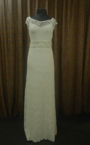 Column Cap Sleeve Lace V-Neck Dress With Illusion Top