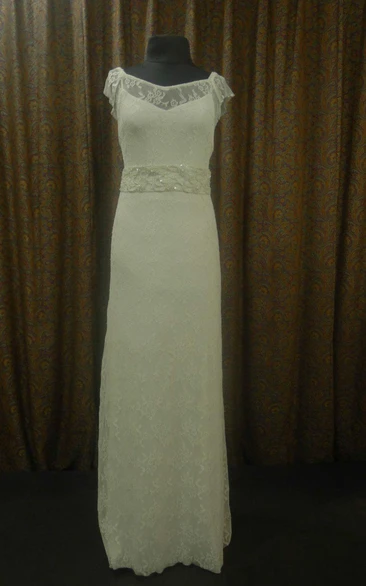 Column Cap Sleeve Lace V-Neck Dress With Illusion Top