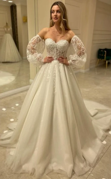 Tulle A Line Chapel Train Wedding Dress with Ruching and Appliques