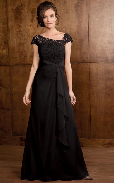 Cap-Sleeved A-Line Gown With Ruffles And Lace Bodice