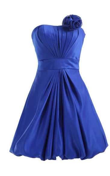 Strapless Appliqued Ruched Bodice Short Pleated Satin Dress