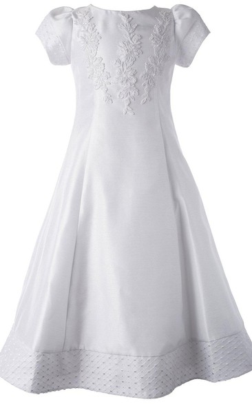 Short-sleeved Bateau-neck A-line Dress With Appliques