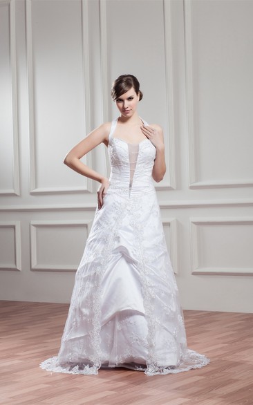 Sleeveless A-Line Appliqued Halter and Dress With Illusion