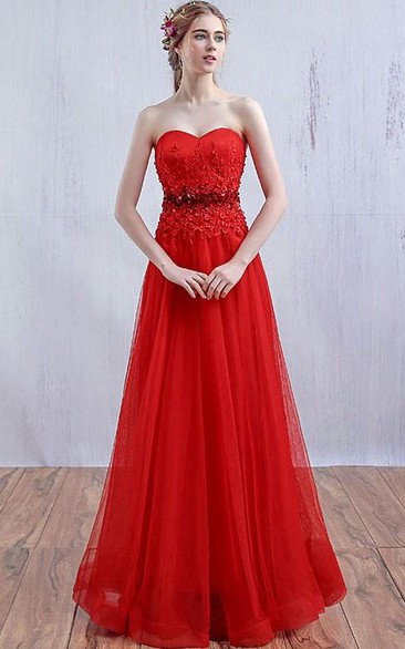 A-Line Sweetheart Appliques Beaded Long Prom Dress