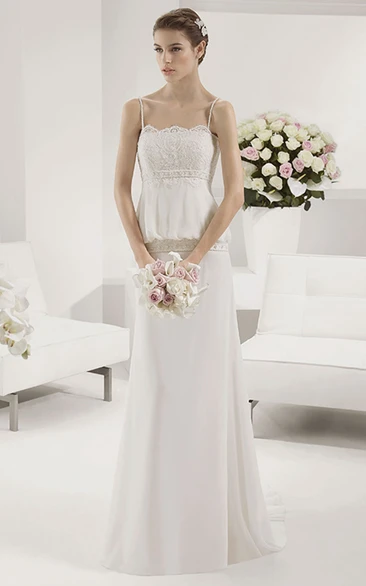 Unique Spaghetti Straps Lace Scalloped Neckline A-Line Chiffon Gown