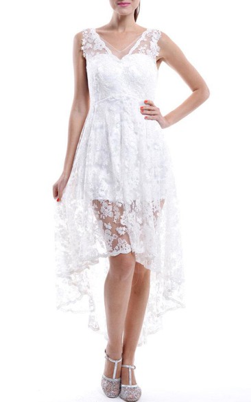 Short White V-neck Lace Dress With Low-V Back