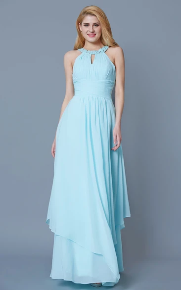 Sleeveless Jewel Neck Ruffled Long Chiffon Dress