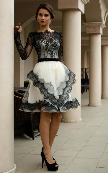 Bateau Neck Long Sleeve A-line Tulle Knee Length Dress With Lace