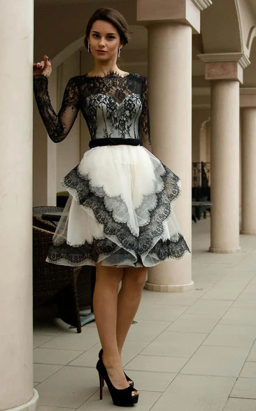 Bateau Neck Long Sleeve A-line Tulle Knee Length Dress With Lace