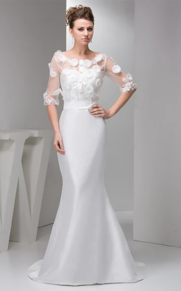 Floral Satin Mermaid Half-Sleeve Dress With Illusion Top