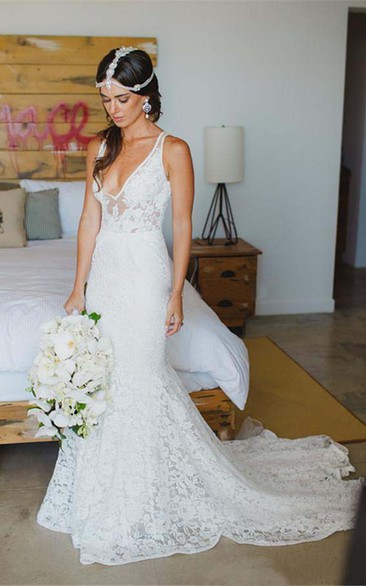 Deep V Neck Appliques Backless Trumpet Beach Lace Mermaid Bohemian Wedding Dress