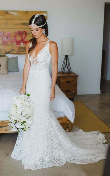 Deep V Neck Appliques Backless Trumpet Beach Lace Mermaid Bohemian Wedding Dress