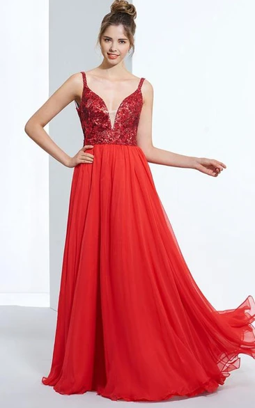 A-Line Spathetti Straps Sequins Floor-Length Prom Dress