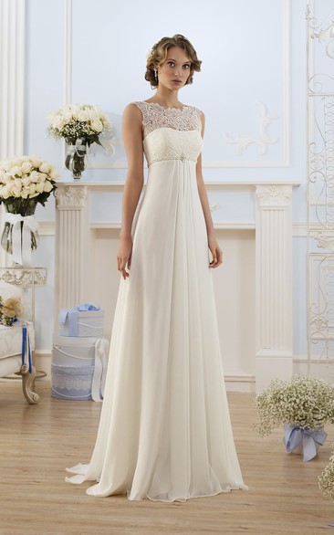 Sheath Floor-Length Bateau Sleeveless Empire Lace-Up Chiffon Dress With Lace