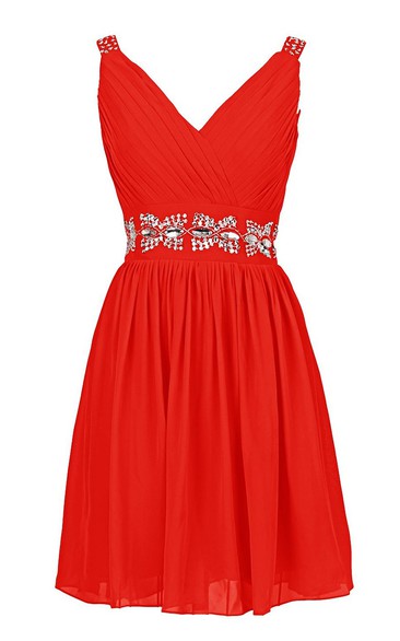 V-neckline A-line Dress With Crystal Embellishments