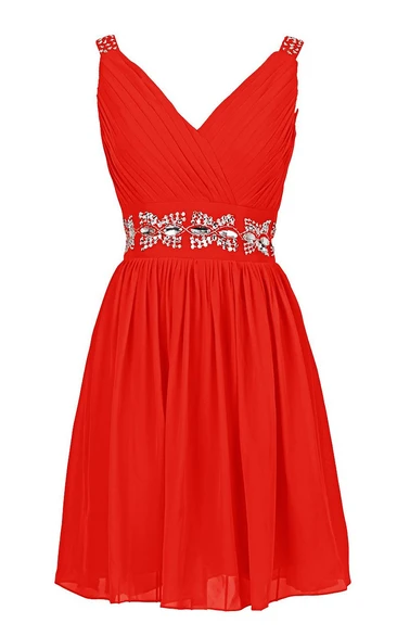 V-neckline A-line Dress With Crystal Embellishments
