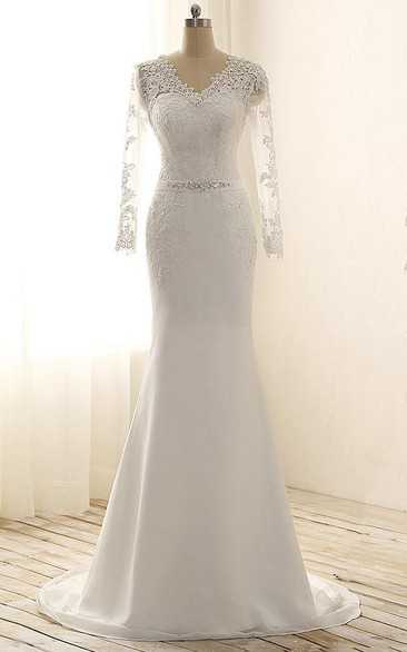 Maxi V-Neck Long Sleeve Beading Sweep Train Lace Satin Dress