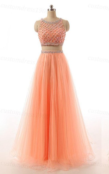 Two Pieces Long A-line Tulle Dress With Sequins