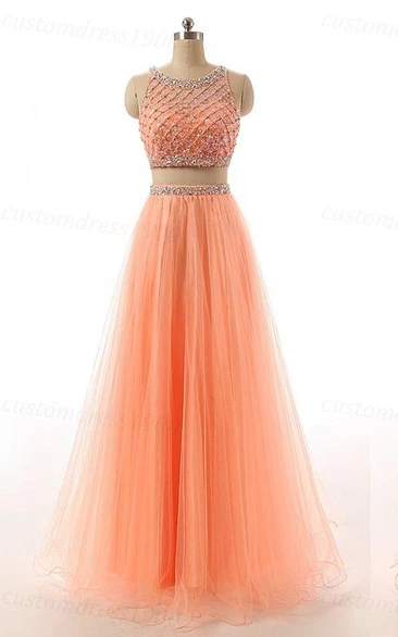 Two Pieces Long A-line Tulle Dress With Sequins