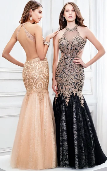 Mermaid High Neck Sleeveless Appliqued Tulle Prom Dress With Keyhole