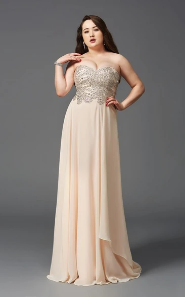 A-line Floor-length Sweetheart Sleeveless Chiffon Beading Pleats Brush Train Dress