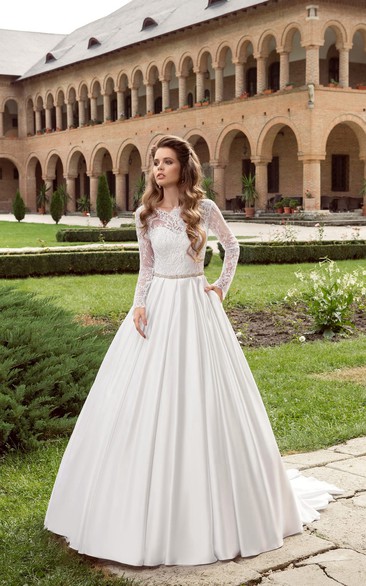 Floor-length Long Sleeve Bateau Satin Dress With Crystal Detailing&V Back