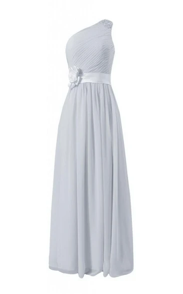 One-shoulder Ruffled Chiffon Dress With Sash