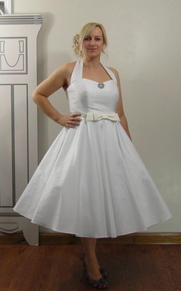 Tea Length Sleeveless A-Line Taffeta Gown With Satin Bow Sash