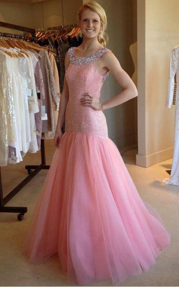 Scoop Neck Trumpet Beading Brush Train Prom Dress