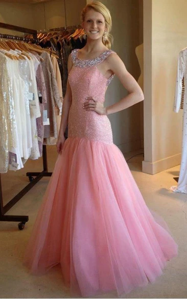 Scoop Neck Trumpet Beading Brush Train Prom Dress