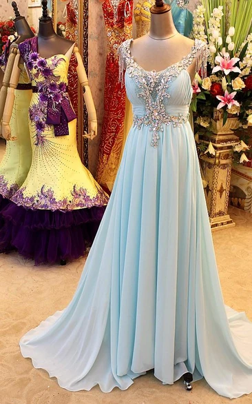 A-Line Backless Blue Evening Dresses V-Neck Crystal Beading Blingbling Prom Gowns